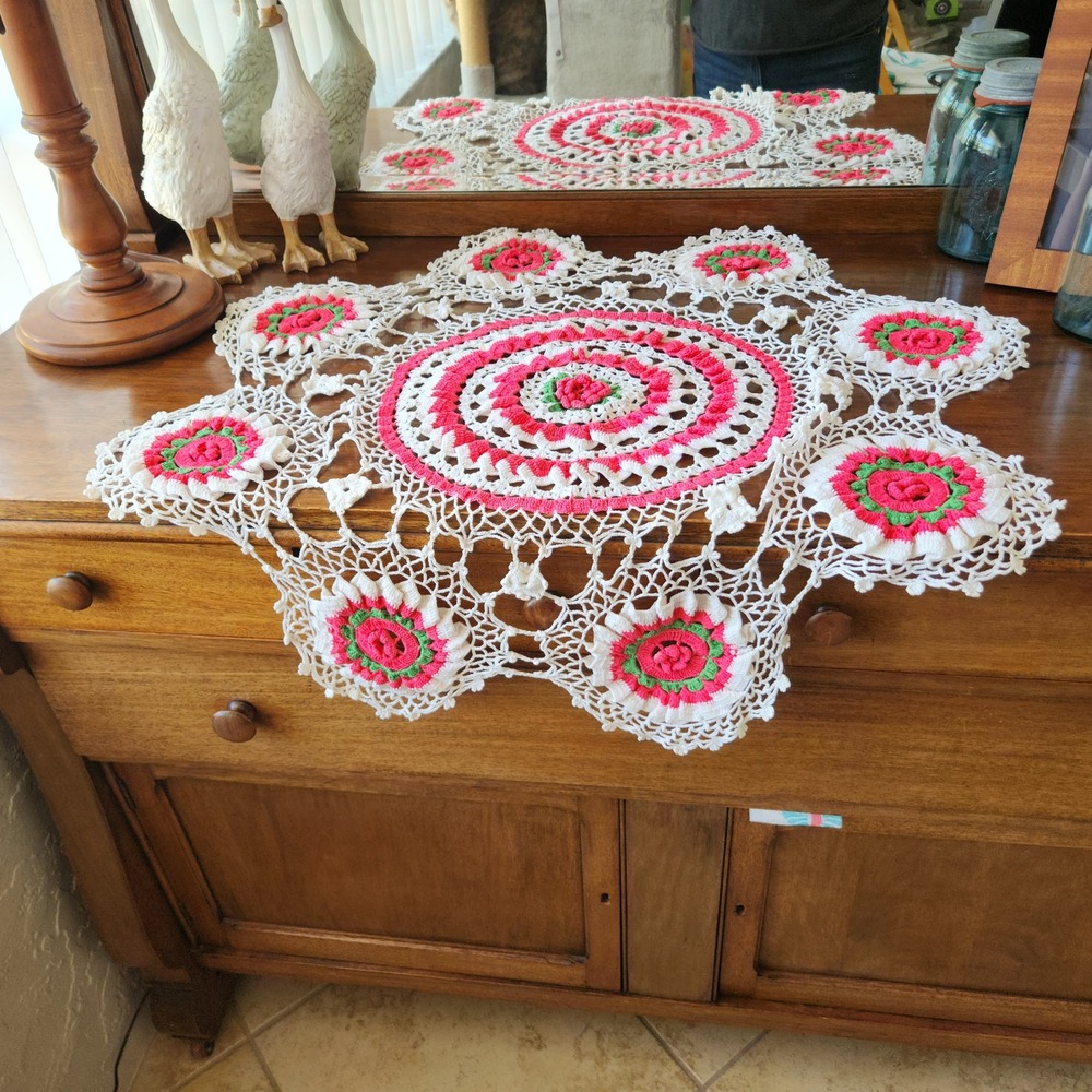 Vintage Crocheted Tablecloth Centerpiece Pink white green 34" diameter